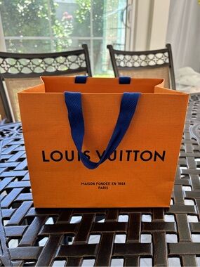 Authentic Louis Vuitton Orange Gift Bag with Blue Ribbon Handles